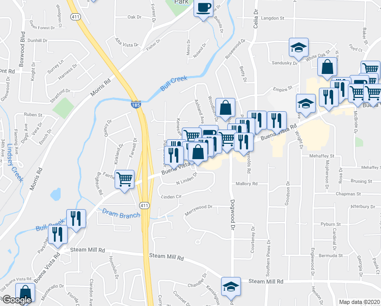 map of restaurants, bars, coffee shops, grocery stores, and more near 4105 Buena Vista Road in Columbus