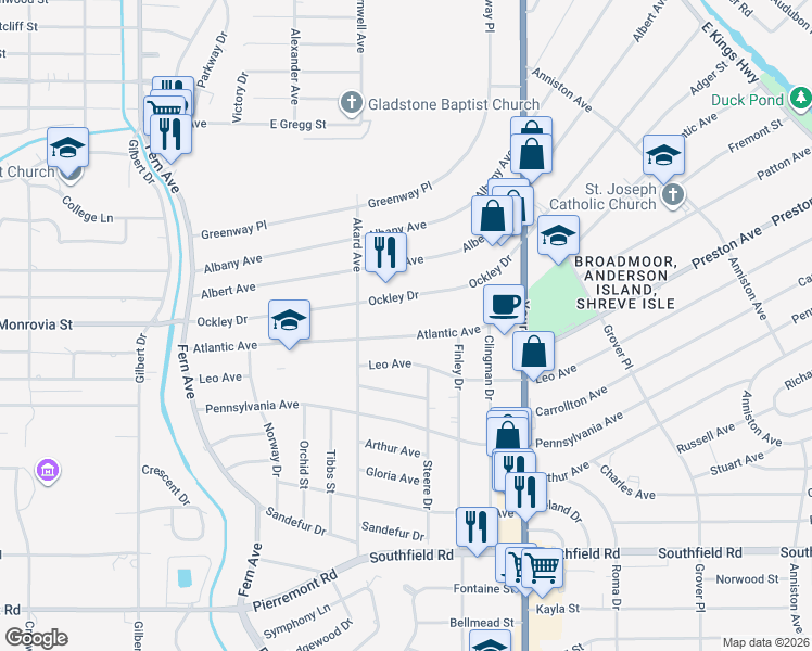 map of restaurants, bars, coffee shops, grocery stores, and more near 381 Ockley Drive in Shreveport