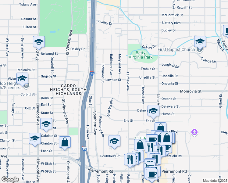 map of restaurants, bars, coffee shops, grocery stores, and more near 4136 Baltimore Avenue in Shreveport