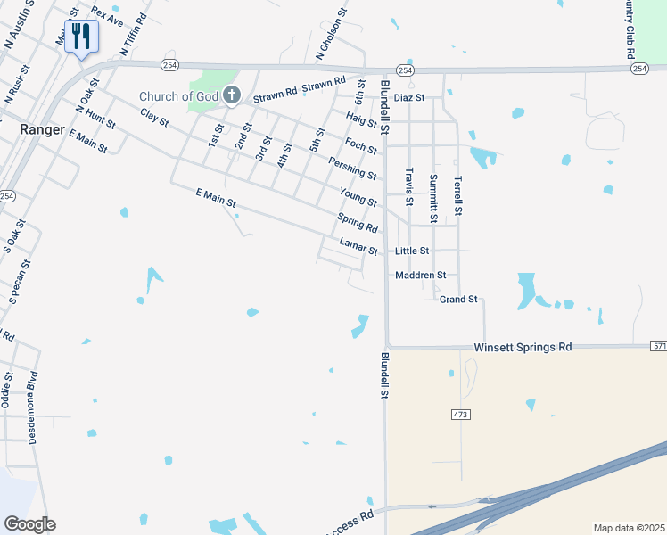 map of restaurants, bars, coffee shops, grocery stores, and more near 1217 Meadowbrook Street in Ranger