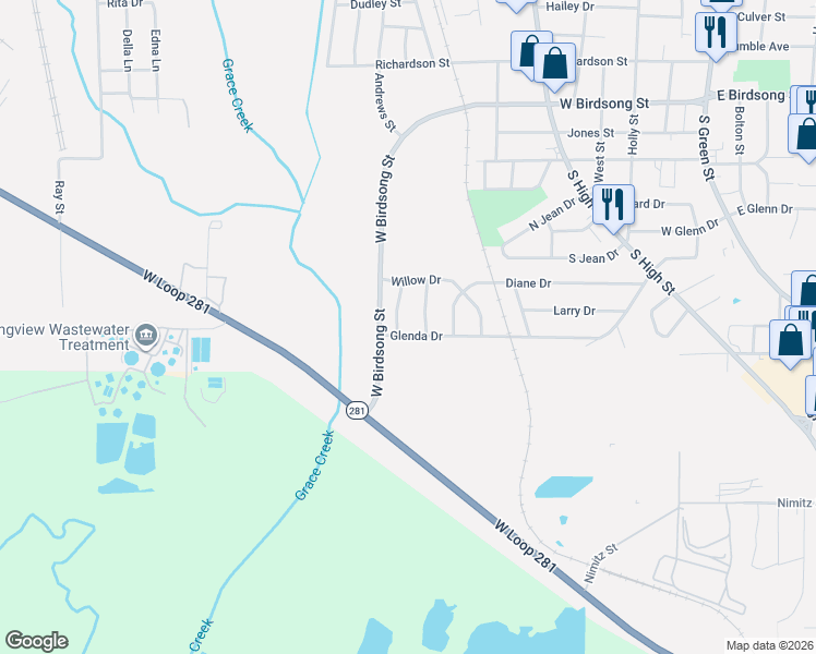 map of restaurants, bars, coffee shops, grocery stores, and more near 709 South Budd Place in Longview