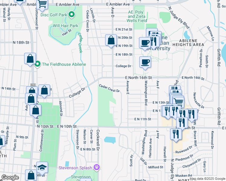 map of restaurants, bars, coffee shops, grocery stores, and more near 1397 Avenue D in Abilene