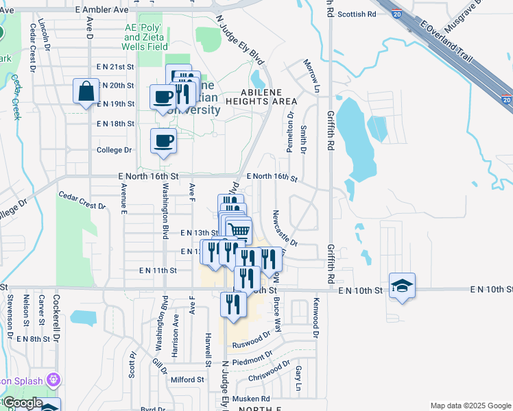 map of restaurants, bars, coffee shops, grocery stores, and more near 1429 Westheimer Road in Abilene