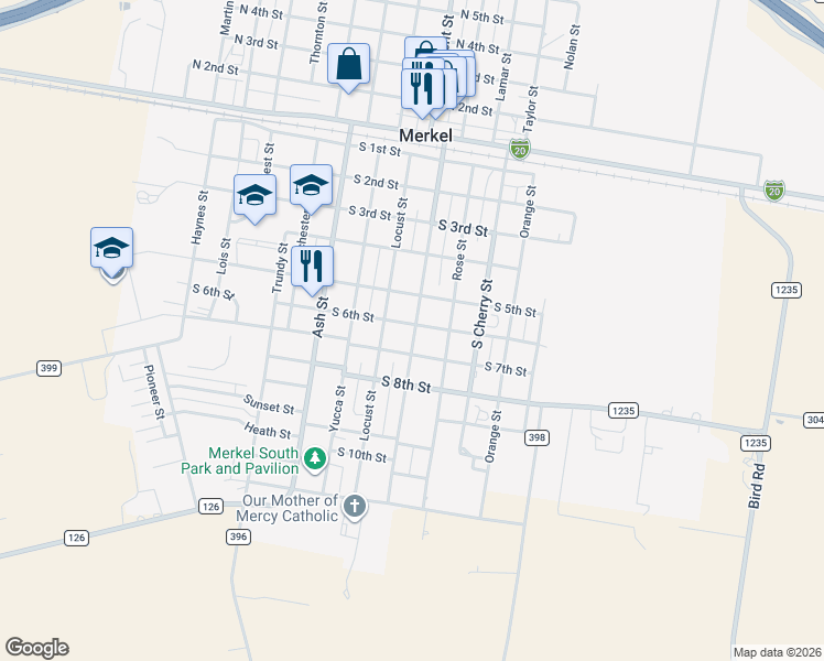 map of restaurants, bars, coffee shops, grocery stores, and more near 1109 South 6th Street in Merkel