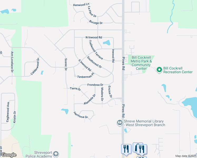 map of restaurants, bars, coffee shops, grocery stores, and more near 6239 South Inwood Road in Shreveport