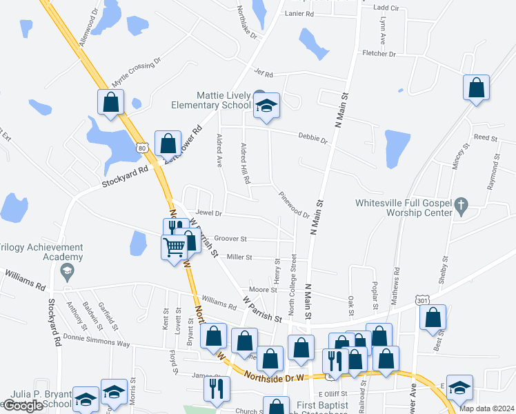 map of restaurants, bars, coffee shops, grocery stores, and more near 200 Ridgewood Drive in Statesboro