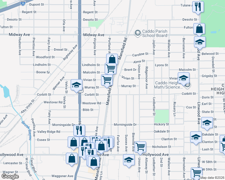 map of restaurants, bars, coffee shops, grocery stores, and more near 4901 Mansfield Road in Shreveport