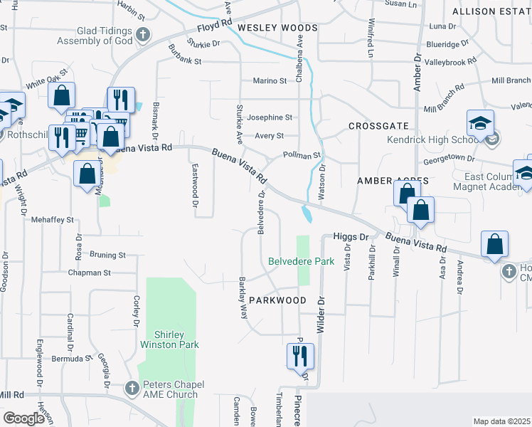 map of restaurants, bars, coffee shops, grocery stores, and more near 897 Baxley Way in Columbus