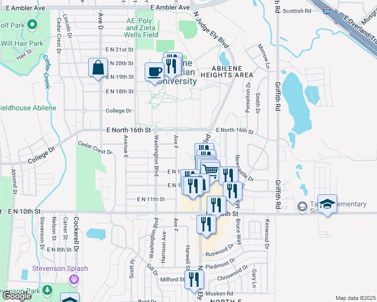 map of restaurants, bars, coffee shops, grocery stores, and more near 916 East North 13th Street in Abilene