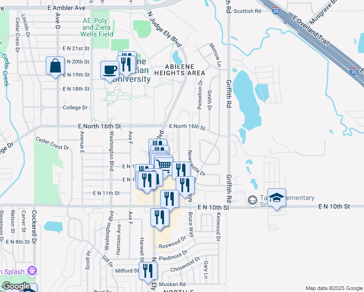 map of restaurants, bars, coffee shops, grocery stores, and more near 1429 Westheimer Road in Abilene