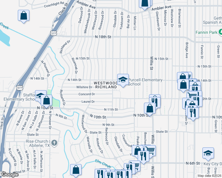 map of restaurants, bars, coffee shops, grocery stores, and more near 3701 Wilshire Drive in Abilene