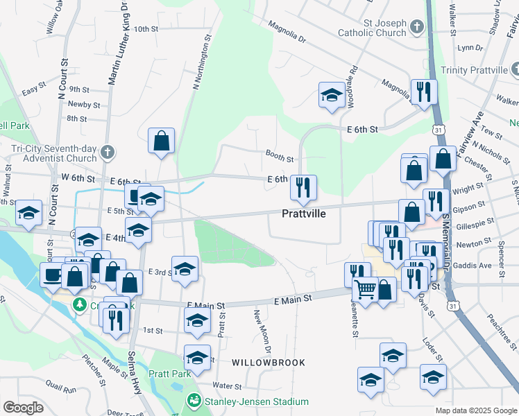 map of restaurants, bars, coffee shops, grocery stores, and more near 447 Wetumpka Street in Prattville