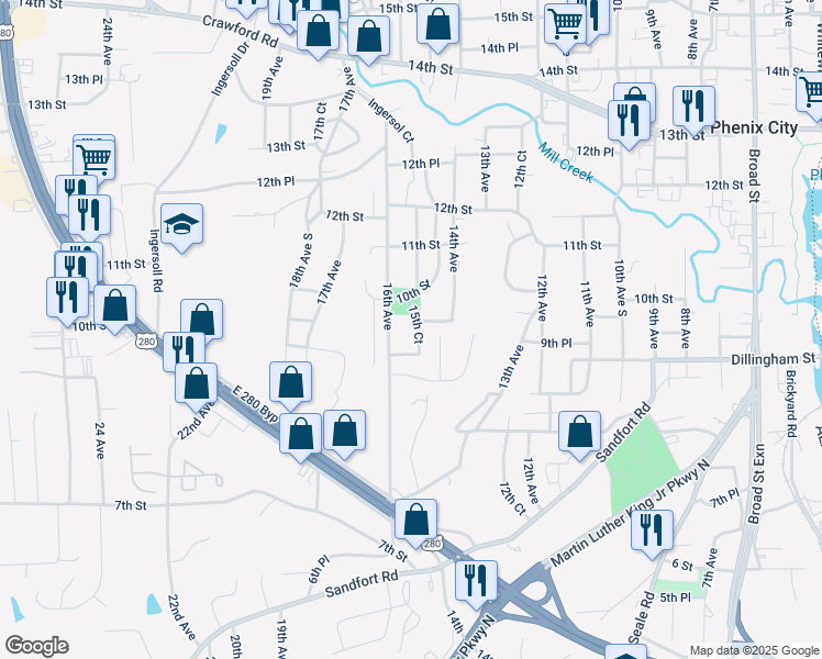 map of restaurants, bars, coffee shops, grocery stores, and more near 107 16th Avenue in Phenix City