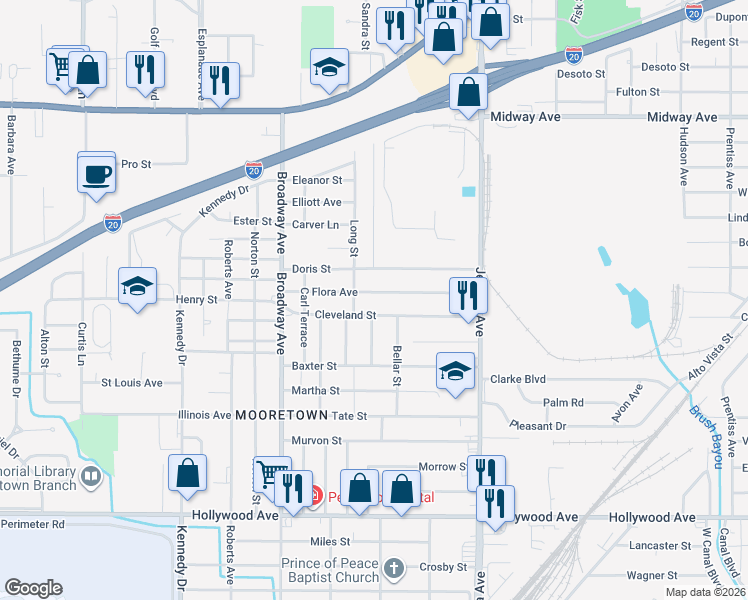 map of restaurants, bars, coffee shops, grocery stores, and more near 3911 Flora Avenue in Shreveport