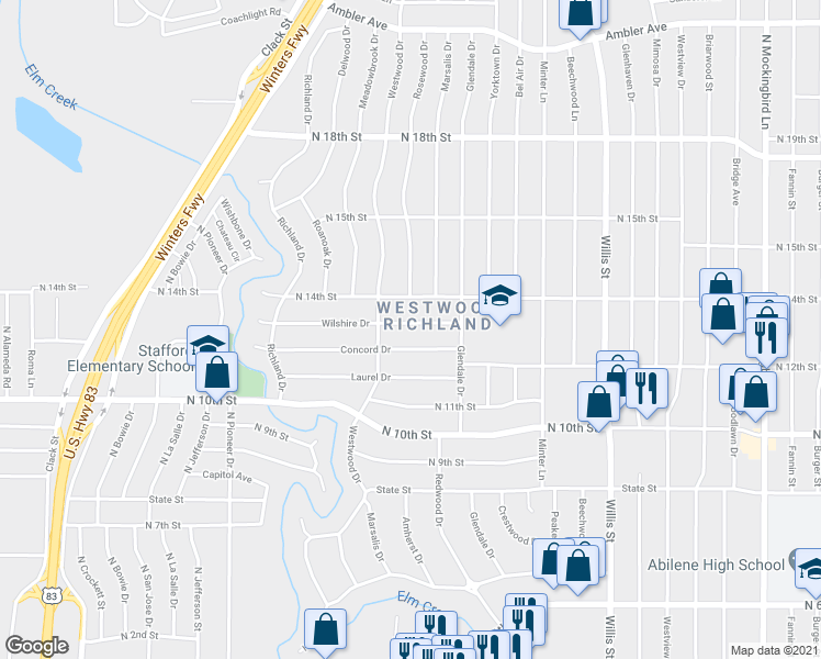 map of restaurants, bars, coffee shops, grocery stores, and more near 3813 Wilshire Drive in Abilene