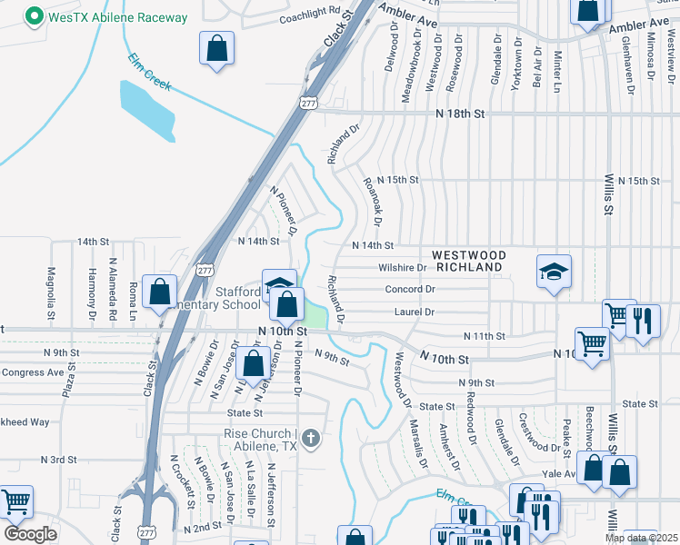 map of restaurants, bars, coffee shops, grocery stores, and more near 4073 Wilshire Drive in Abilene
