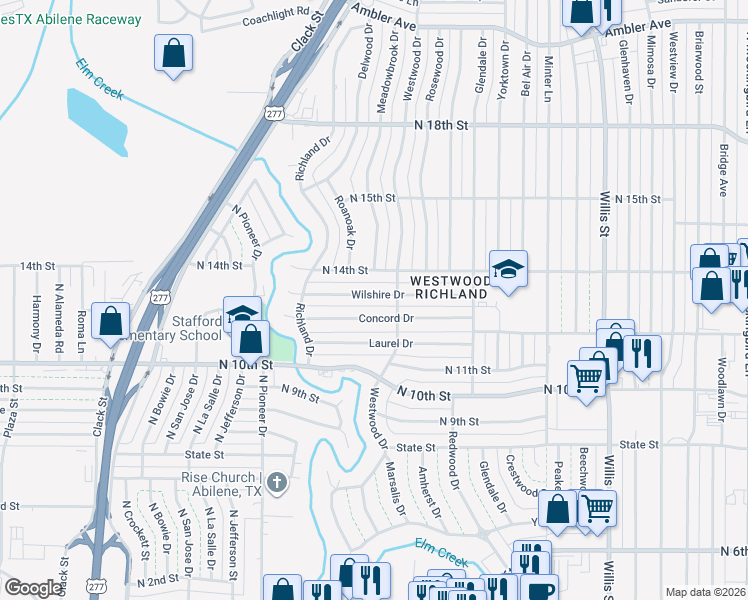 map of restaurants, bars, coffee shops, grocery stores, and more near 3937 Wilshire Drive in Abilene