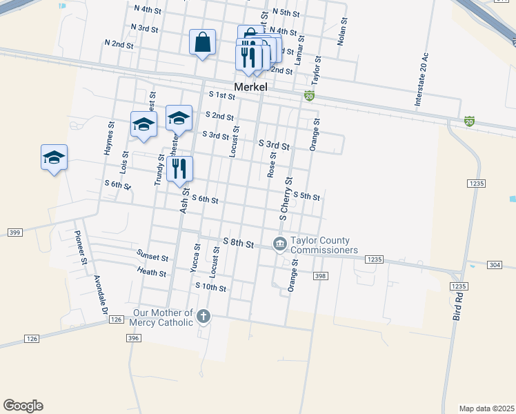 map of restaurants, bars, coffee shops, grocery stores, and more near 1004 South 6th Street in Merkel