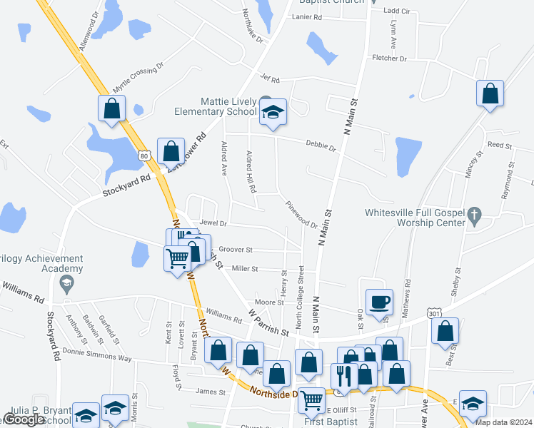 map of restaurants, bars, coffee shops, grocery stores, and more near 198 Ridgewood Drive in Statesboro