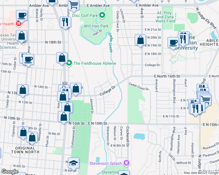 map of restaurants, bars, coffee shops, grocery stores, and more near 342 College Drive in Abilene