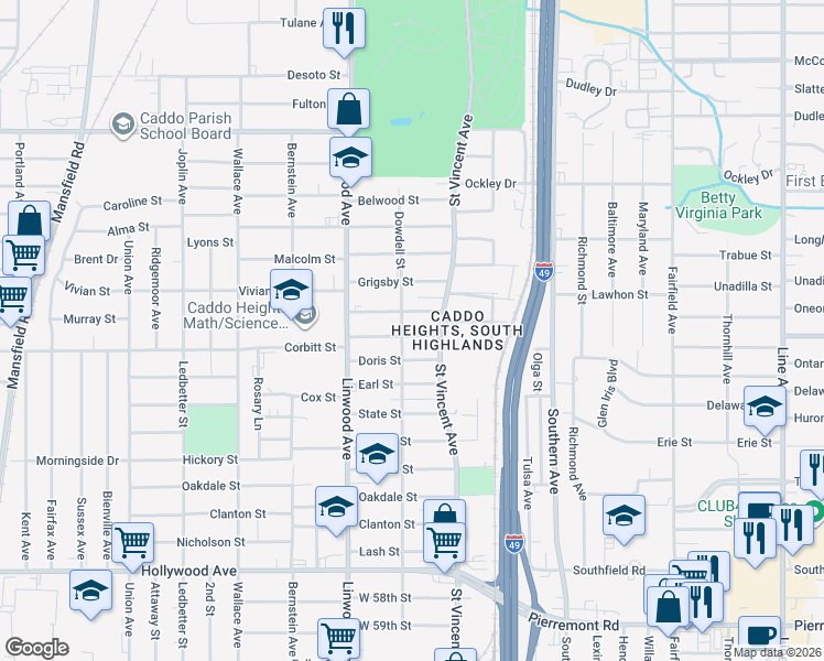map of restaurants, bars, coffee shops, grocery stores, and more near 1444 Clover Street in Shreveport