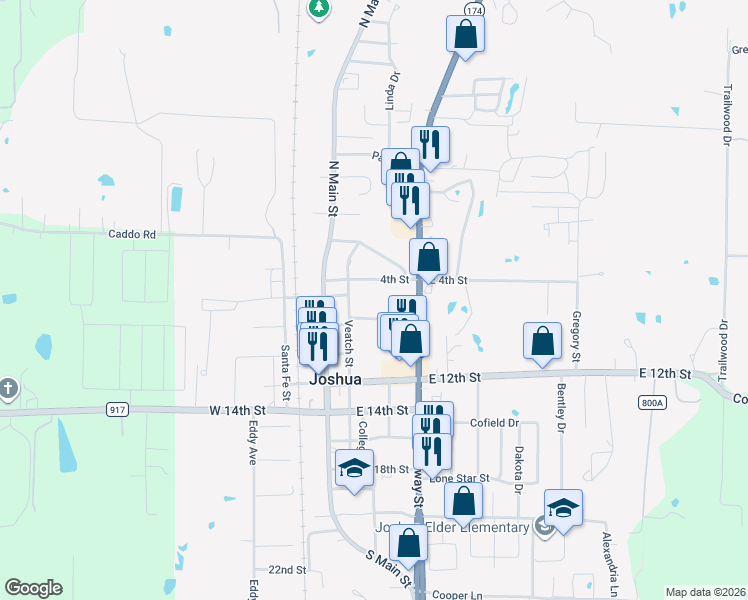 map of restaurants, bars, coffee shops, grocery stores, and more near 216 4th Street in Joshua