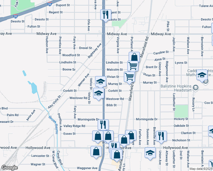 map of restaurants, bars, coffee shops, grocery stores, and more near 2655 Murray Street in Shreveport