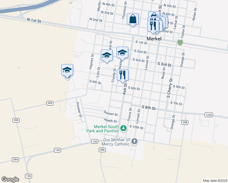 map of restaurants, bars, coffee shops, grocery stores, and more near 612 Manchester Street in Merkel