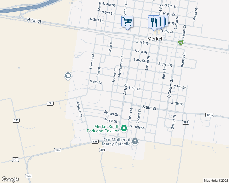map of restaurants, bars, coffee shops, grocery stores, and more near 612 Manchester Street in Merkel