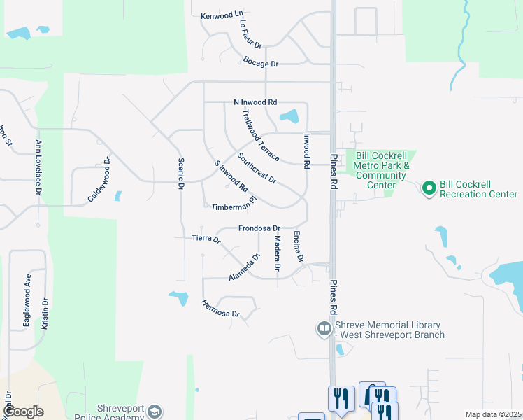 map of restaurants, bars, coffee shops, grocery stores, and more near 6239 South Inwood Road in Shreveport