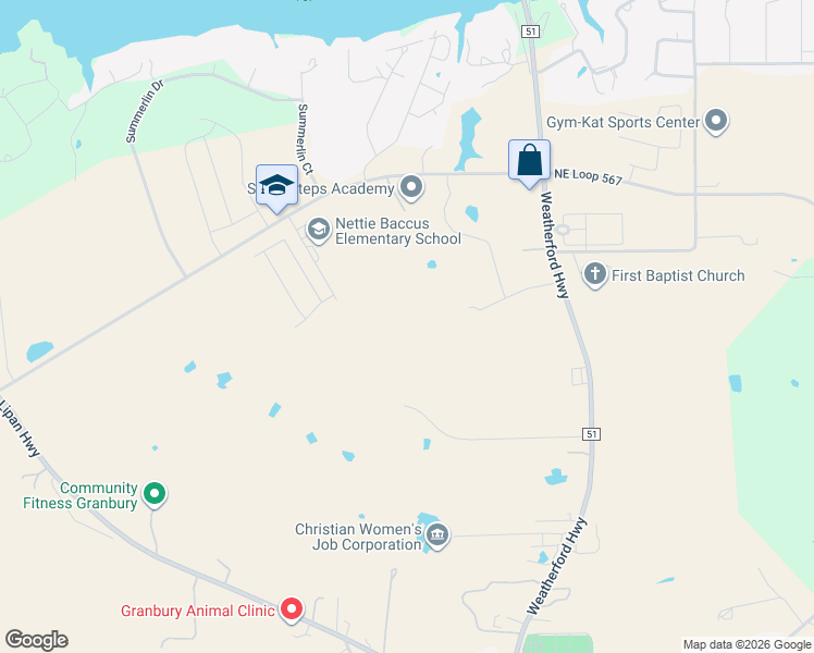 map of restaurants, bars, coffee shops, grocery stores, and more near 901 Loop 567 in Granbury