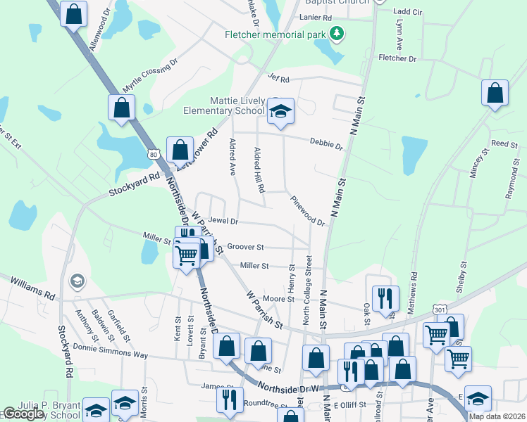 map of restaurants, bars, coffee shops, grocery stores, and more near 204 Ridgewood Drive in Statesboro