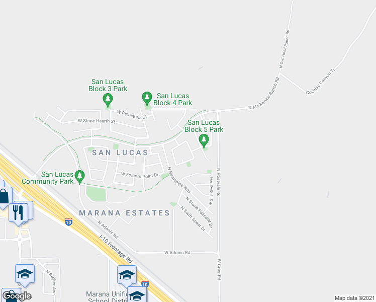 map of restaurants, bars, coffee shops, grocery stores, and more near 14217 North Supine Trail in Marana