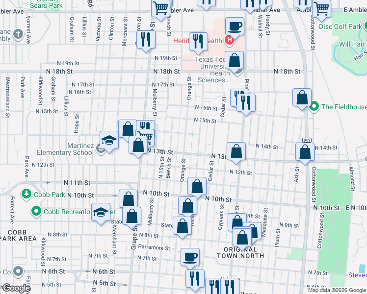 map of restaurants, bars, coffee shops, grocery stores, and more near 1320 Orange Street in Abilene