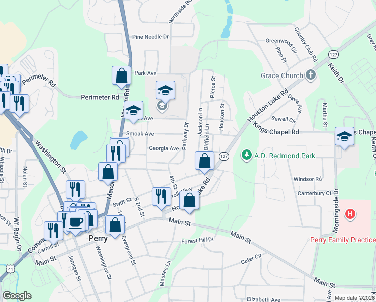 map of restaurants, bars, coffee shops, grocery stores, and more near 1328 Parkway Drive in Perry