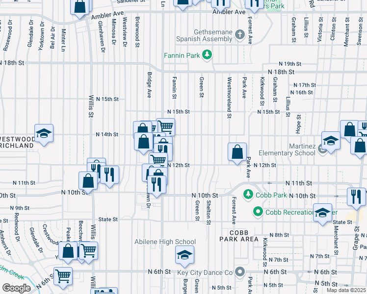 map of restaurants, bars, coffee shops, grocery stores, and more near 1310 Burger St in Abilene