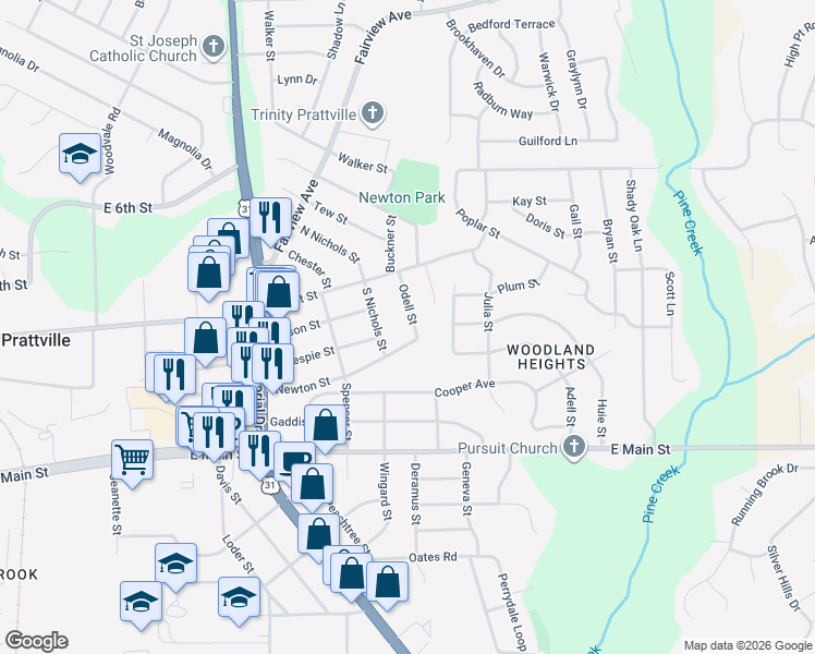 map of restaurants, bars, coffee shops, grocery stores, and more near 160 Odell Street in Prattville