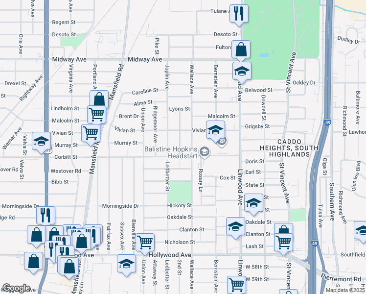 map of restaurants, bars, coffee shops, grocery stores, and more near 4137 Belmont Street in Shreveport