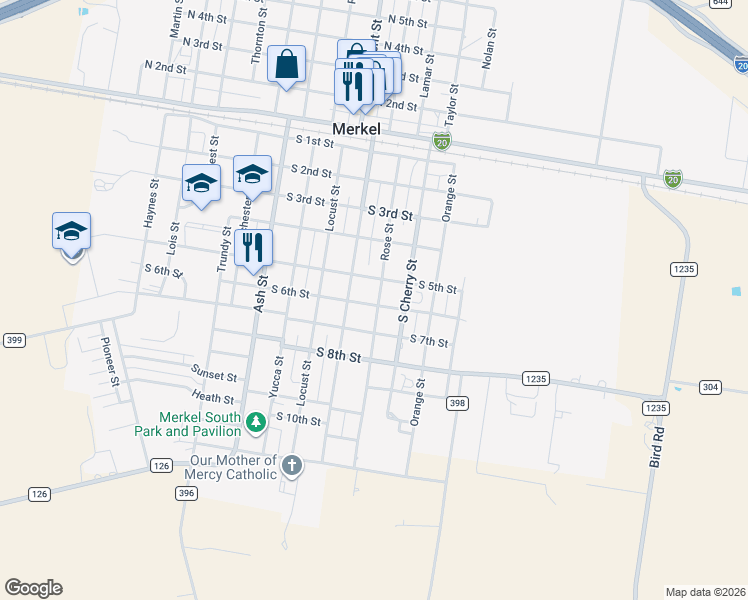 map of restaurants, bars, coffee shops, grocery stores, and more near 1004 South 6th Street in Merkel