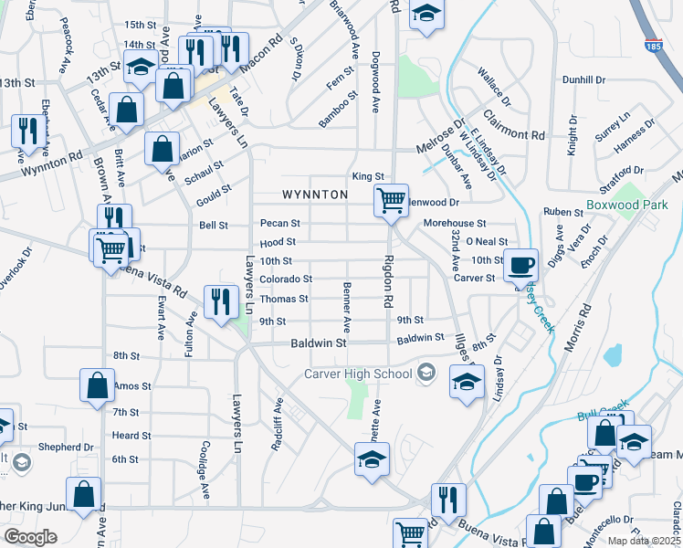 map of restaurants, bars, coffee shops, grocery stores, and more near 2835 Colorado Street in Columbus