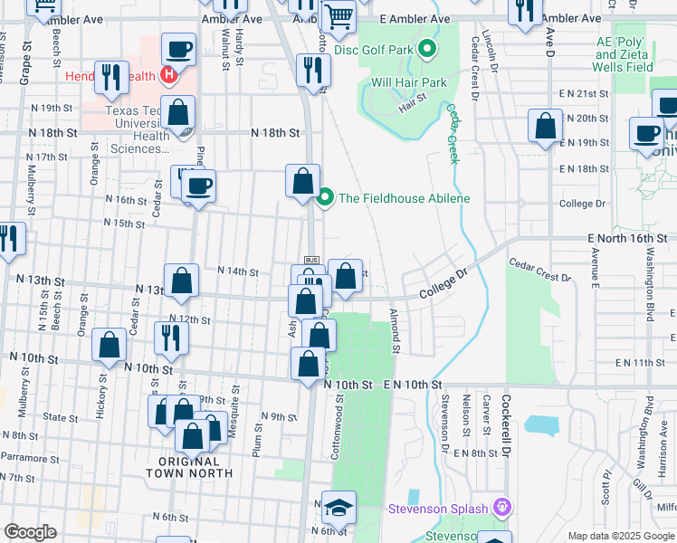 map of restaurants, bars, coffee shops, grocery stores, and more near 302 North 14th Street in Abilene