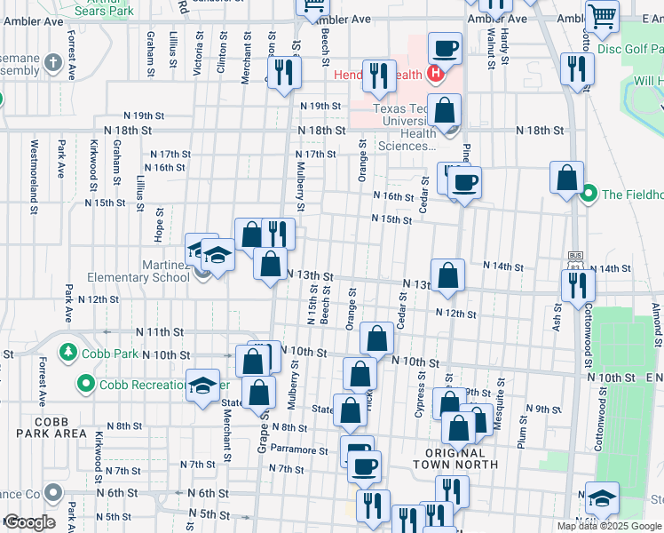 map of restaurants, bars, coffee shops, grocery stores, and more near 1318 Beech Street in Abilene