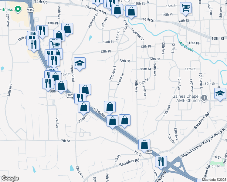 map of restaurants, bars, coffee shops, grocery stores, and more near 1703 10th Street in Phenix City