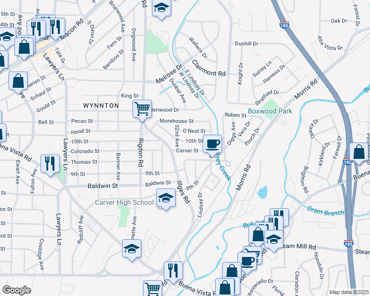 map of restaurants, bars, coffee shops, grocery stores, and more near 3215 Carver Street in Columbus