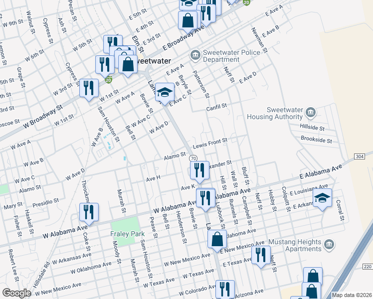 map of restaurants, bars, coffee shops, grocery stores, and more near 515 Lamar Street in Sweetwater