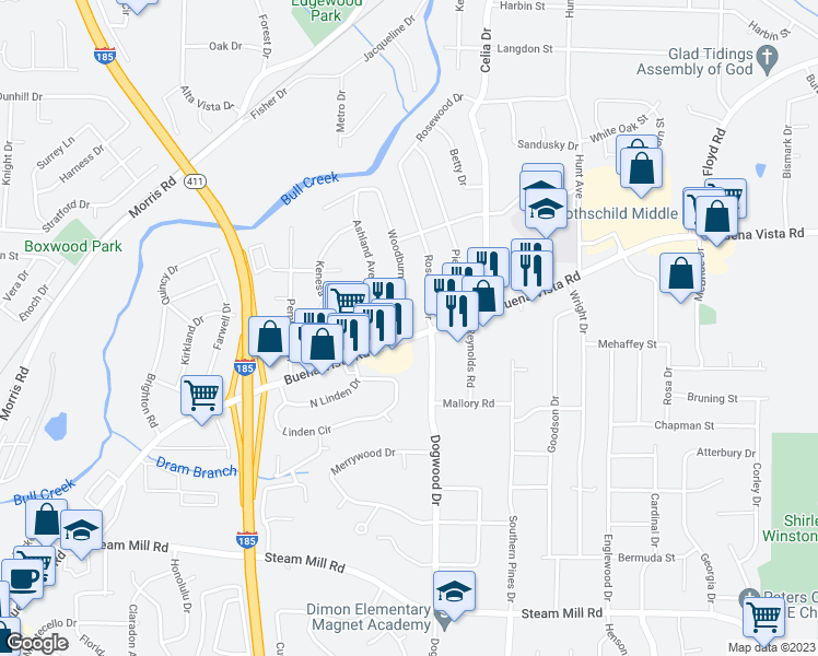 map of restaurants, bars, coffee shops, grocery stores, and more near 900 Woodburn Drive in Columbus