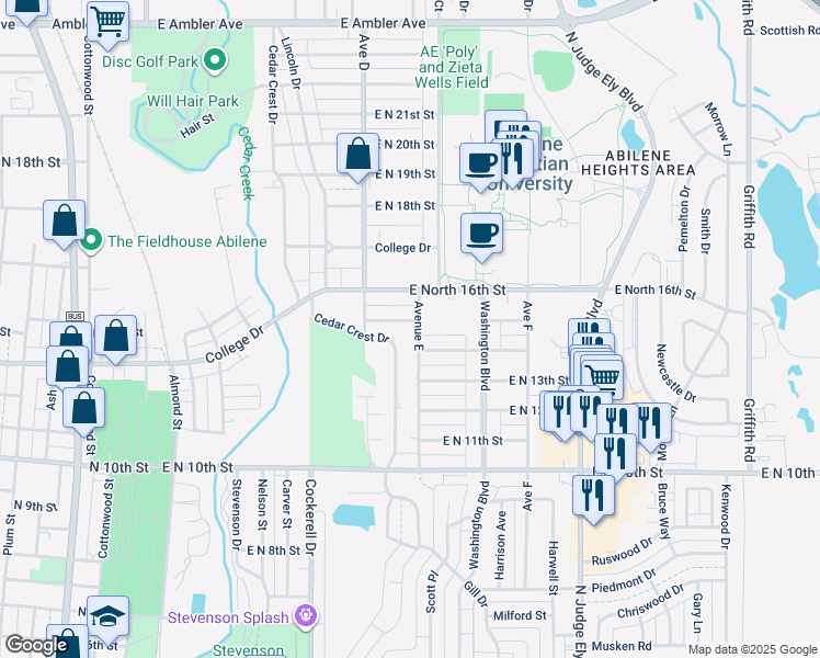 map of restaurants, bars, coffee shops, grocery stores, and more near 693 East North 15th Street in Abilene