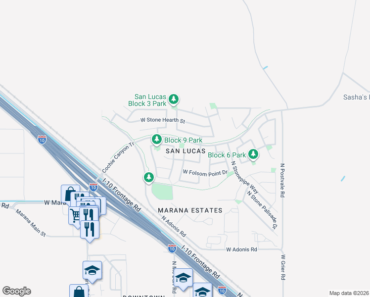map of restaurants, bars, coffee shops, grocery stores, and more near 11404 West Fire Art Drive in Marana