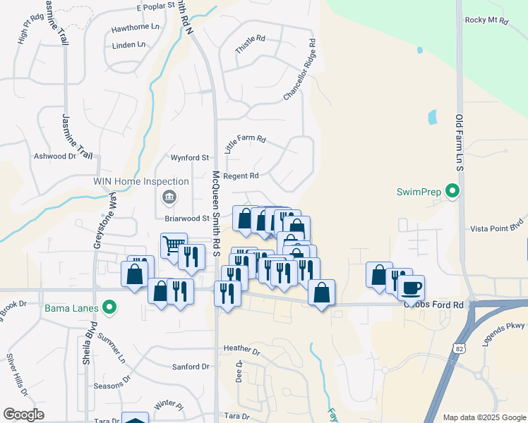 map of restaurants, bars, coffee shops, grocery stores, and more near 1928 Briarwood Street in Prattville