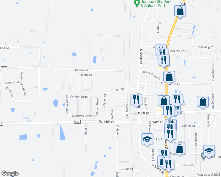 map of restaurants, bars, coffee shops, grocery stores, and more near 306 6th Street in Joshua
